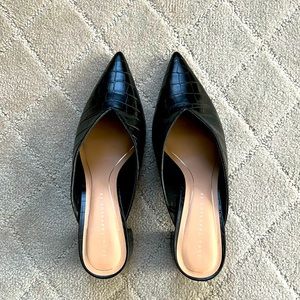 Black reptile skin mules 2" block heel
